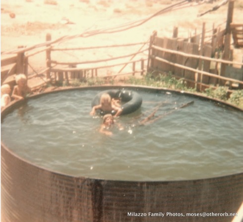 Me and my brother Cedar swimming in the Big Tank. We lived in the tank all summer - it was the only way to stay cool. We also used it to water our cornfield. 